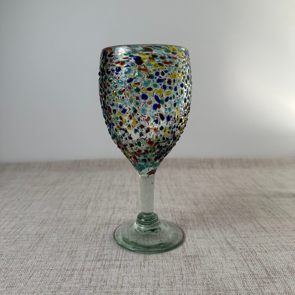Vintage Mexican Confetti Art Glass Goblet Hand Blown Multicolor Wine Glass